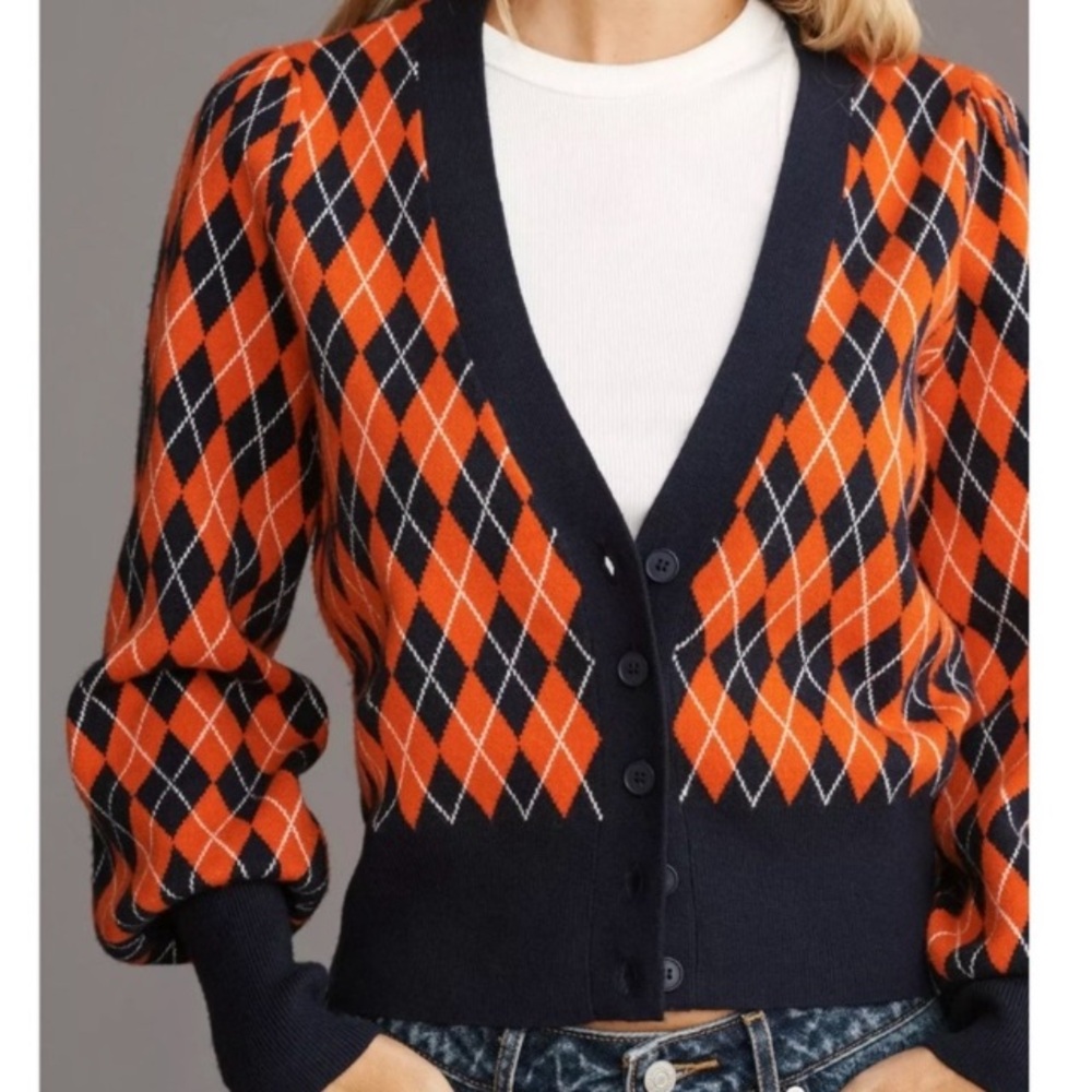 Anthropologie size medium cute blue and orange argyle cardigan great condition